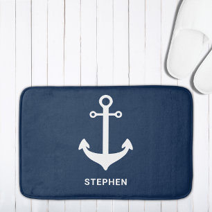 Navy Blue White Nautical Anchor gepersonaliseerd Badmat