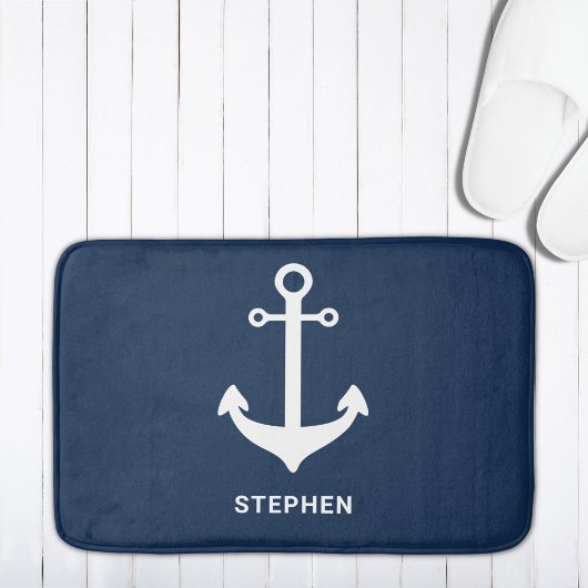 Navy Blue White Nautical Anchor gepersonaliseerd Badmat