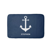 Navy Blue White Nautical Anchor gepersonaliseerd Badmat (Voorkant)