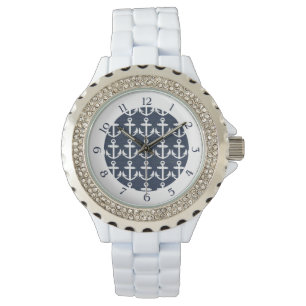 Navy Blue/White Nautical Anchor Pattern met cijfer Horloge
