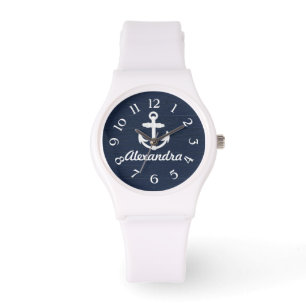 Navy Blue/White Nautical Anchor Personalized Watch Horloge