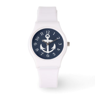 Navy Blue/White Nautical Anchor w/Numbers Horloge
