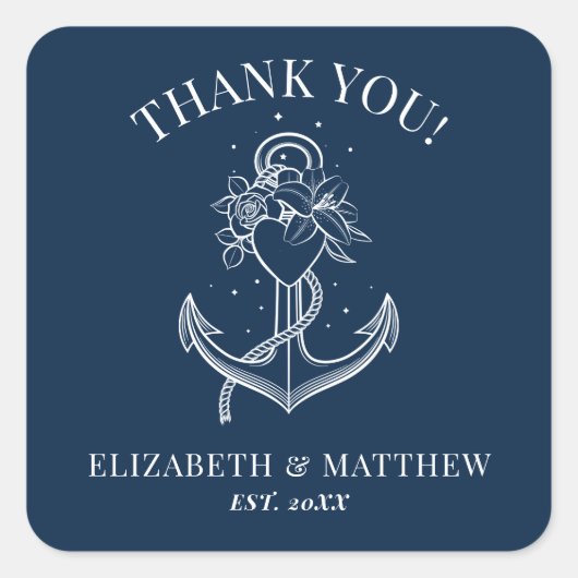 Navy Blue White Nautical Anchor Wedding Vierkante Sticker (Voorkant)