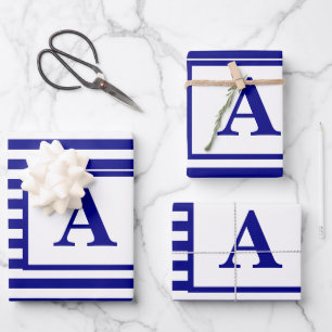 Navy Blue White Nautical Monogram aangepast kerstf Inpakpapier Vel