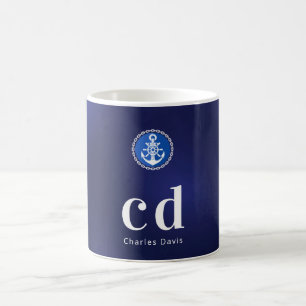 Navy blue white nautical monogram initiaal name koffiemok
