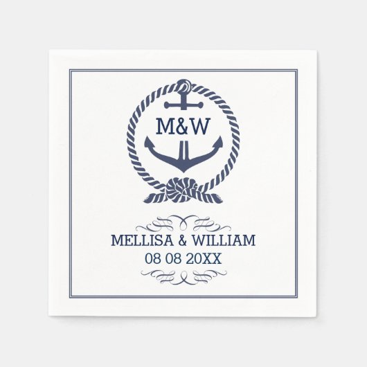 Navy Blue & White Nautical Wedding Anker Knot Servetten (Voorkant)