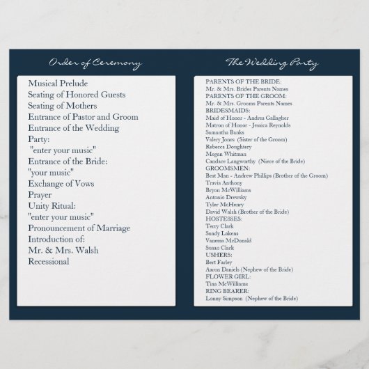 Navy Blue White Nautical Wedding Ceremony Programm (Voorkant)