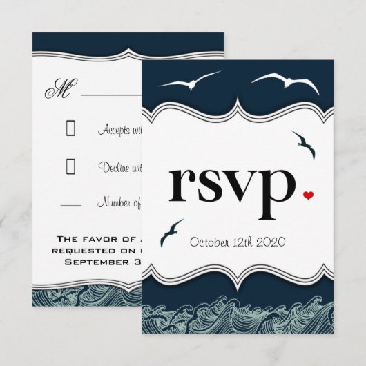 Navy Blue & White Nautical Wedding RSVP-kaarten RSVP Kaartje (Voorkant / Achterkant)