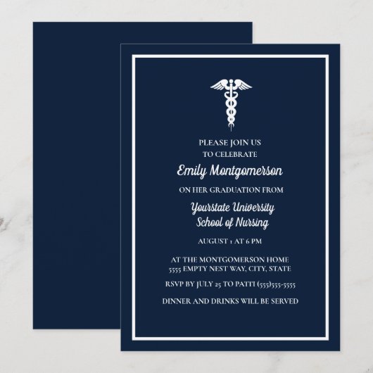 Navy Blue White Nursing School Graduparty Kaart (Voorkant / Achterkant)