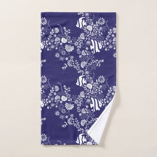 Navy Blue White Ocean Life Pattern Bad Handdoek (Handdoek)