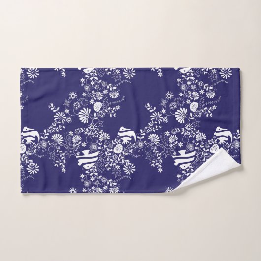 Navy Blue White Ocean Life Pattern Bad Handdoek (Handdoek)