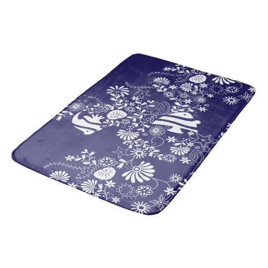 Navy Blue White Ocean Life Pattern Badmat (Gekanteld)