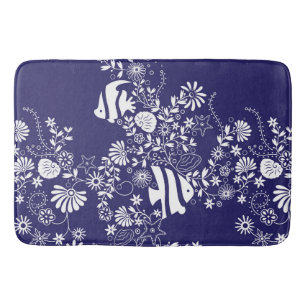 Navy Blue White Ocean Life Pattern Badmat