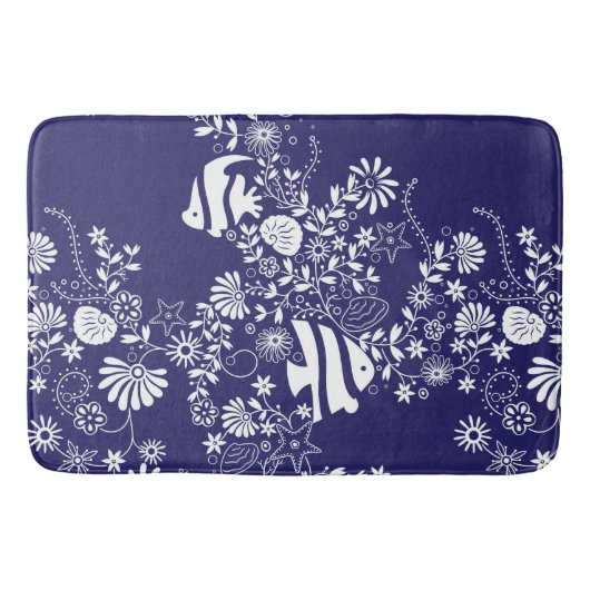 Navy Blue White Ocean Life Pattern Badmat (Voorkant)