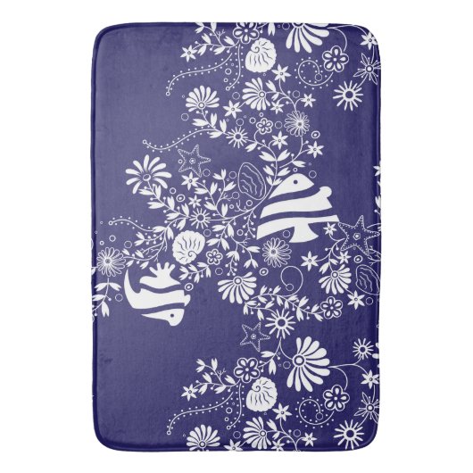 Navy Blue White Ocean Life Pattern Badmat (Voorkant Verticaal)