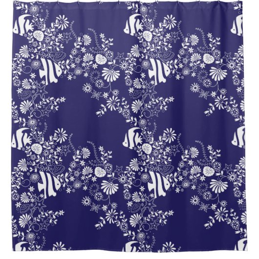 Navy Blue White Ocean Life Pattern Douchegordijn (Voorkant)