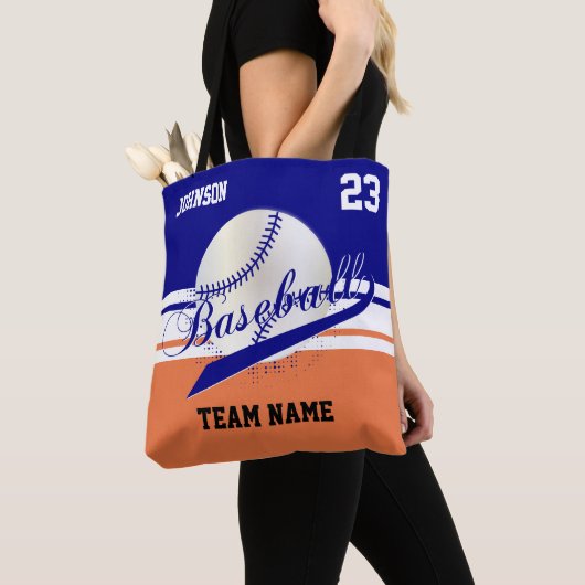 Navy Blue, White, Oranje voor een honkbalteam Tote Bag (Dichtbij)