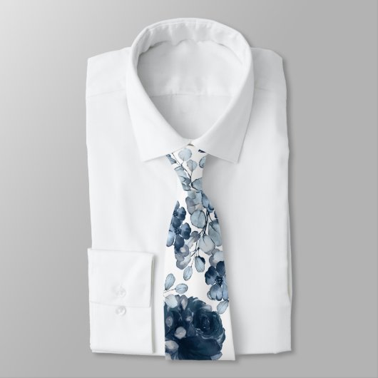 Navy Blue White Peony Eucalyptus Garden Weddenscha Stropdas (Gebonden)