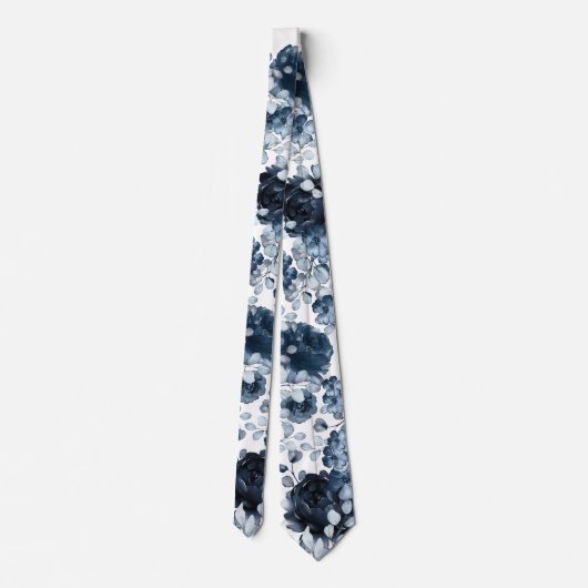 Navy Blue White Peony Eucalyptus Garden Weddenscha Stropdas (Achterkant)