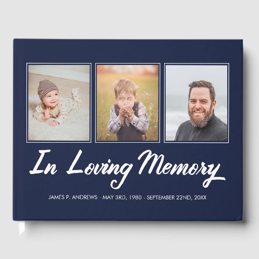 Navy Blue White Photo Collage in Loving Memory Gastenboek (Voorkant)