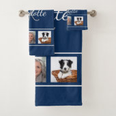 Navy blue white photocollage-monogram bad handdoek (Insitu)