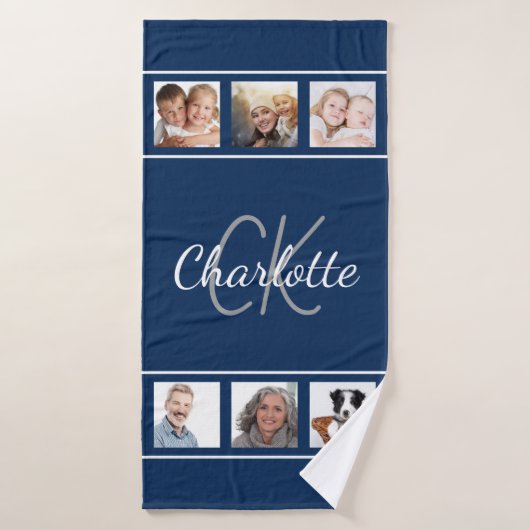Navy blue white photocollage-monogram badhanddoek (Badhanddoek)