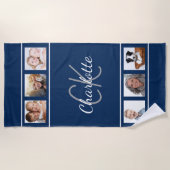 Navy blue white photocollage-monogram strandlaken (Voorkant)