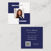 Navy blue white photoQR-code modern Vierkante Visitekaartje (Voorkant / Achterkant)