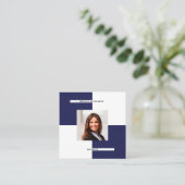 Navy blue white photoQR-code modern Vierkante Visitekaartje (Staand voorkant)