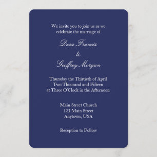 Navy Blue White Plain Eenvoudige Huwelijksuitnodig Kaart