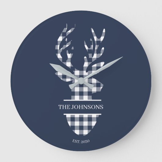 Navy Blue & White Play Deer Familienaam Grote Klok (Voorkant)