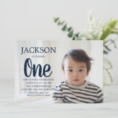 Navy Blue White Polka Dot Child 1st Birthday Kaart (Staand voorkant)