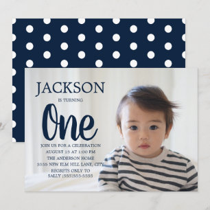 Navy Blue White Polka Dot Child 1st Birthday Kaart
