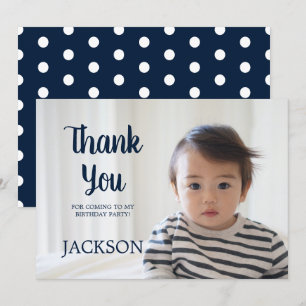 Navy Blue White Polka Dot Child Birthday Dank Kaart