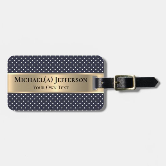 Navy Blue White Polka Dot Elegant Classic Gold Bagagelabel (Voorkant horizontaal)