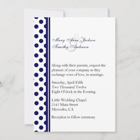 Navy Blue & White Polka Dot Wedding Invitation Kaart (Voorkant)