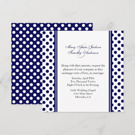 Navy Blue & White Polka Dot Wedding Invitation Kaart (Voorkant / Achterkant)