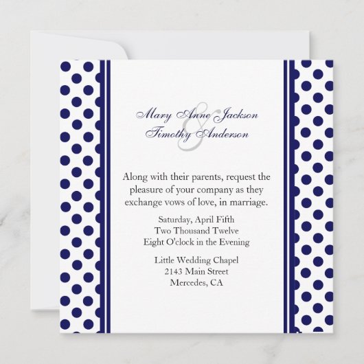 Navy Blue & White Polka Dot Wedding Invitation Kaart (Voorkant)