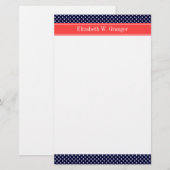 Navy Blue White Polka Dots Coral Name Monogram Briefpapier (Voorkant / Achterkant)