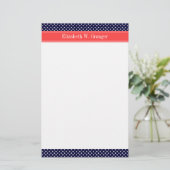 Navy Blue White Polka Dots Coral Name Monogram Briefpapier (Staand voorkant)