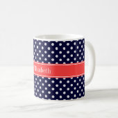 Navy Blue White Polka Dots Coral Name Monogram Koffiemok (Voorkant rechts)