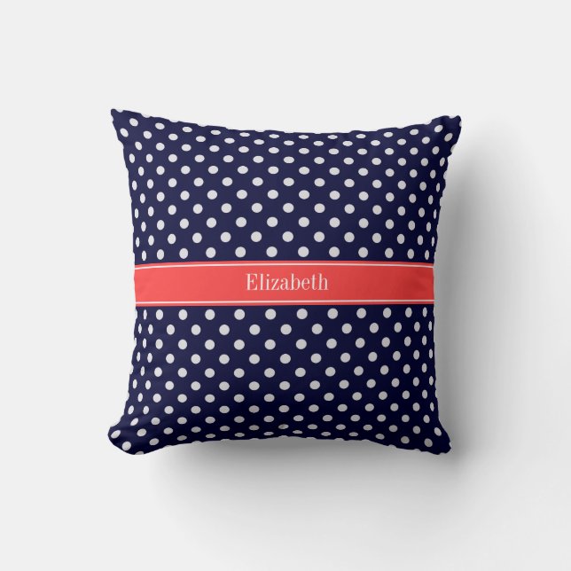 Navy Blue White Polka Dots Coral Name Monogram Kussen (Voorkant)