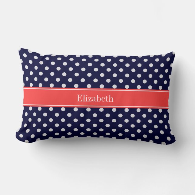 Navy Blue White Polka Dots Coral Name Monogram Kussen (Voorkant)
