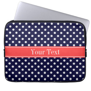 Navy Blue White Polka Dots Coral Name Monogram Laptop Sleeve