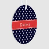 Navy Blue White Polka Dots Coral Name Monogram Ornament (voorkant)