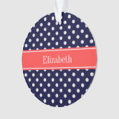 Navy Blue White Polka Dots Coral Name Monogram Ornament (voorkant)