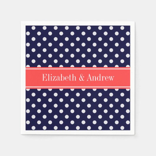 Navy Blue White Polka Dots Coral Name Monogram Servetten (Voorkant)