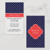 Navy Blue White Polka Dots Coral Name Monogram Visitekaartje (Voorkant / Achterkant)