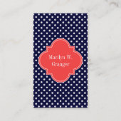Navy Blue White Polka Dots Coral Name Monogram Visitekaartje (Achterkant)