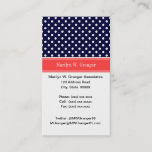 Navy Blue White Polka Dots Coral Name Monogram Visitekaartje